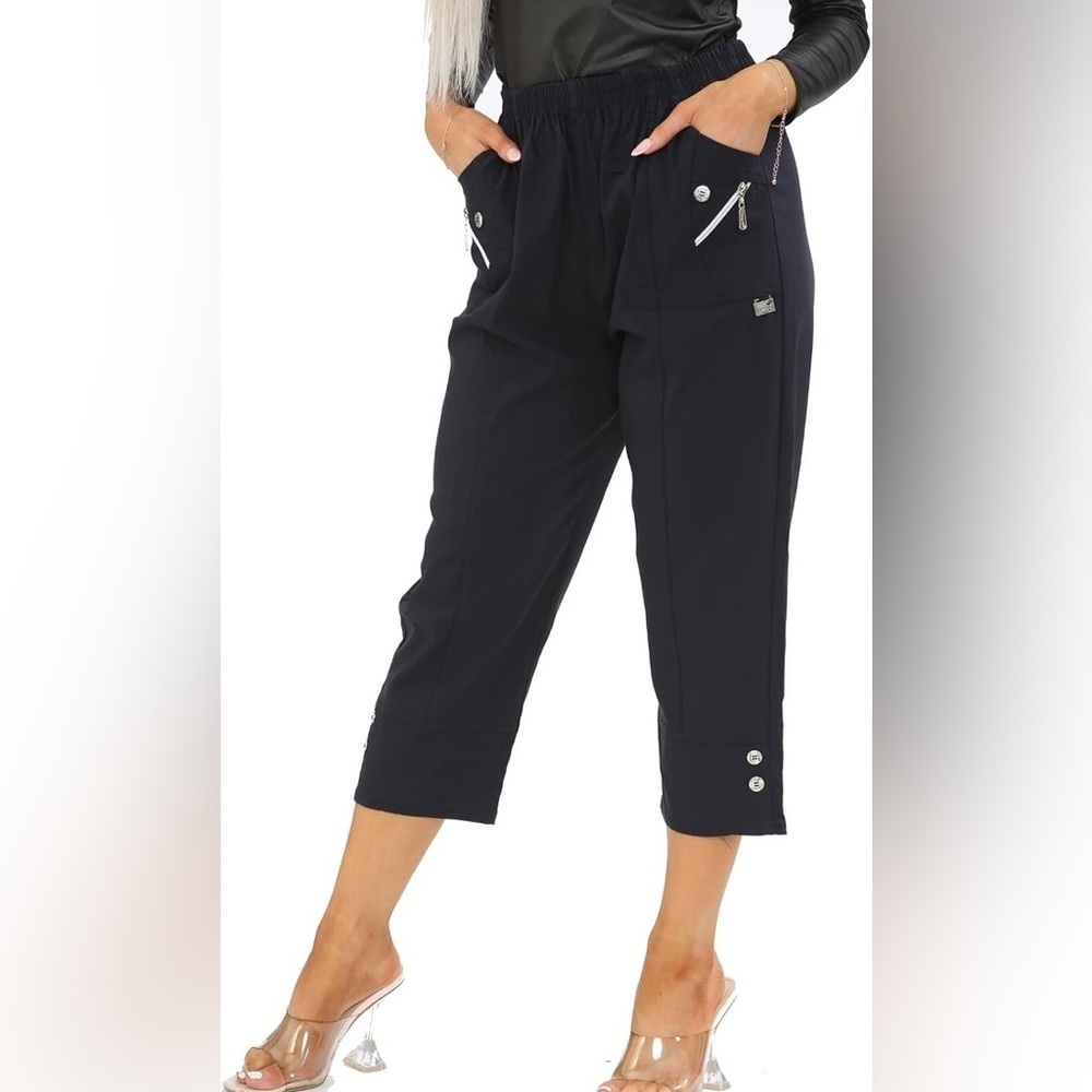 Soya Concept Navy Cropped Pants Elastic Waist Capri Size M